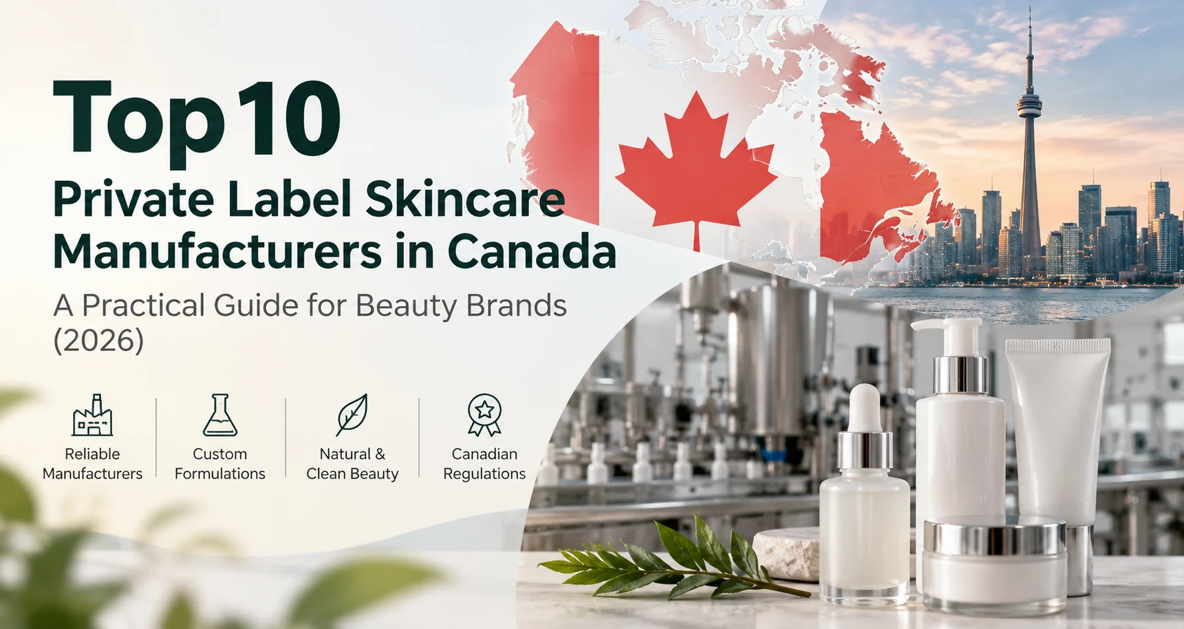 Grafik promosi untuk panduan '10 Produsen Produk Perawatan Kulit Private Label Terbaik di Kanada' dengan gambar produk perawatan kulit, peta Kanada, dan pemandangan kota Toronto.